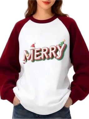 Merry Graphic Raglan Sweatshirt - White & Burgundy